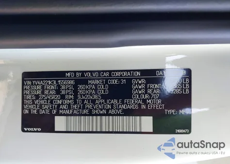 2020 Volvo Xc90 T6 Momentum 6 Passenger from USA, damaged, VIN YV4A221K3L1556986